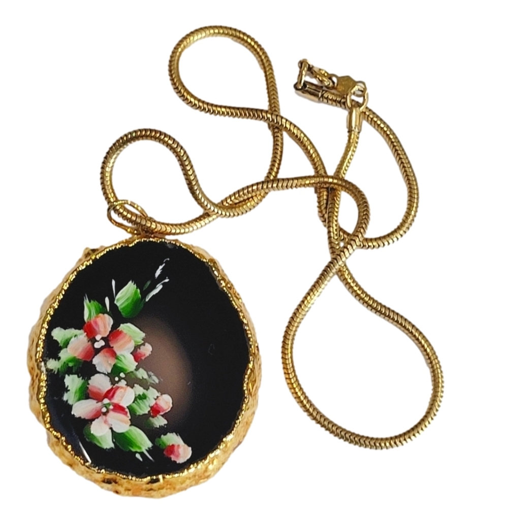 Vintage Speidel 10K G.F. Gold Filled Necklace with stone hand painted pendant